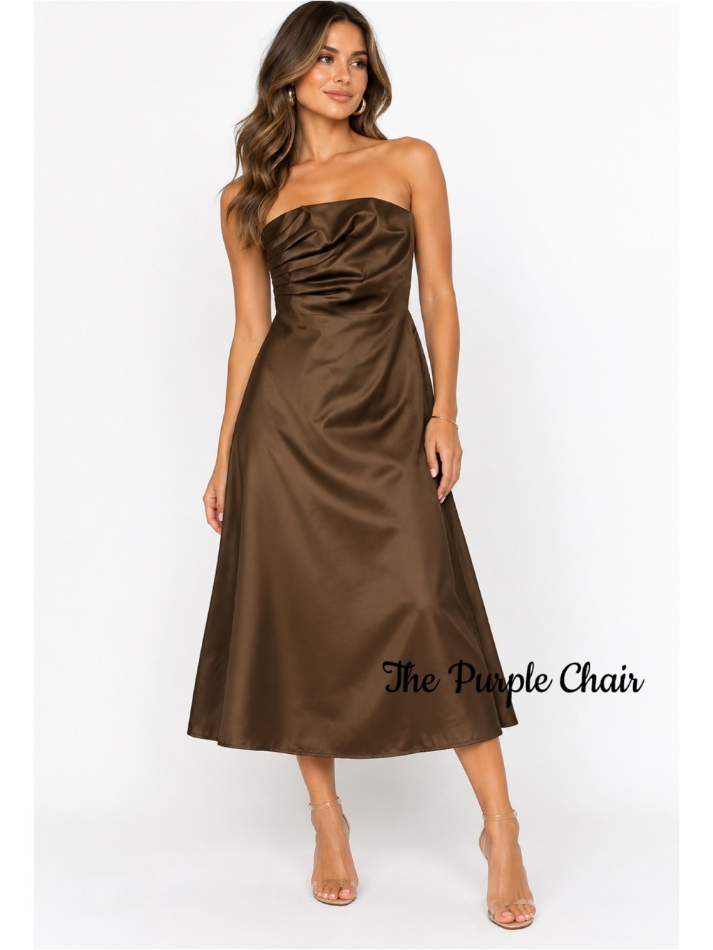 JS Boutique Brown Satin Midi Dress Size 2 Strapless Ruched Formal Cocktail